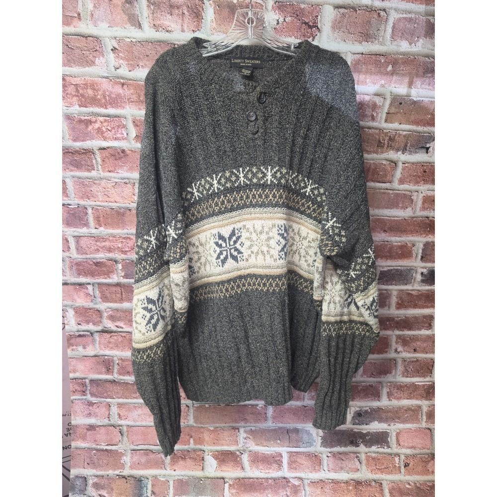 Vintage Men's LIBERTY SWEATERS Heavyweight Cotton‎ Knit Henley Sweater XL